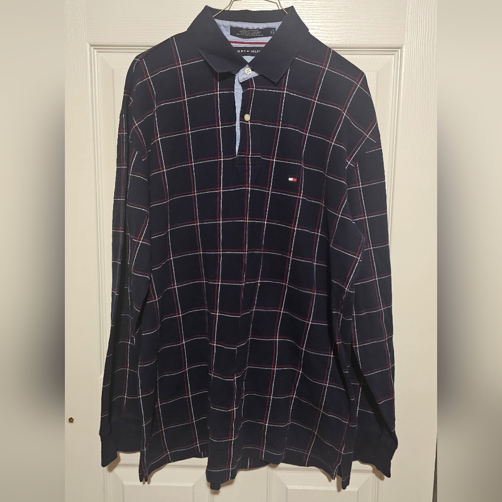 Tommy Hilfiger Men's Black and Red Grid Long Sleeve Polo Sz XL